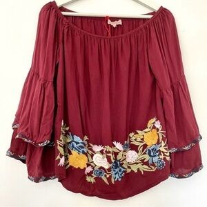 Solitaire Burgundy Floral Embellished Relaxed Peasant Blouse Size Medium